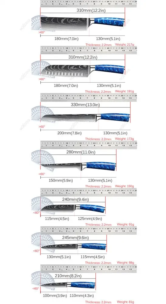 WXCOO 1-8pcs Stainless Steel Boning Knife Meat Vegetable Fruit Knives Quality Damascus Pattern Blue Resin Handle Kitchen Knives