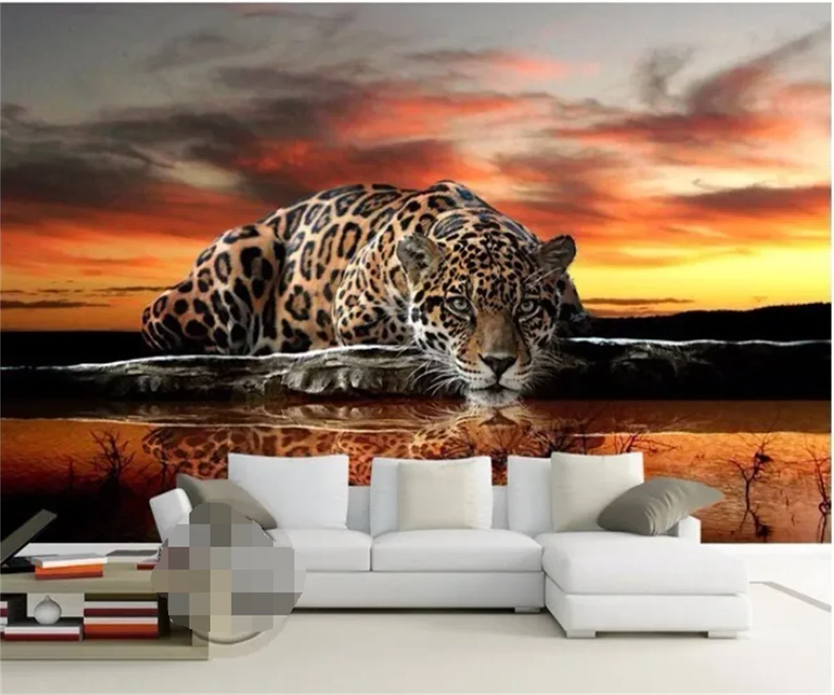 Custom size wallpaper Sunset leopard clouds sky background mural Home decoration children put animal mural 3d wallpaper photo