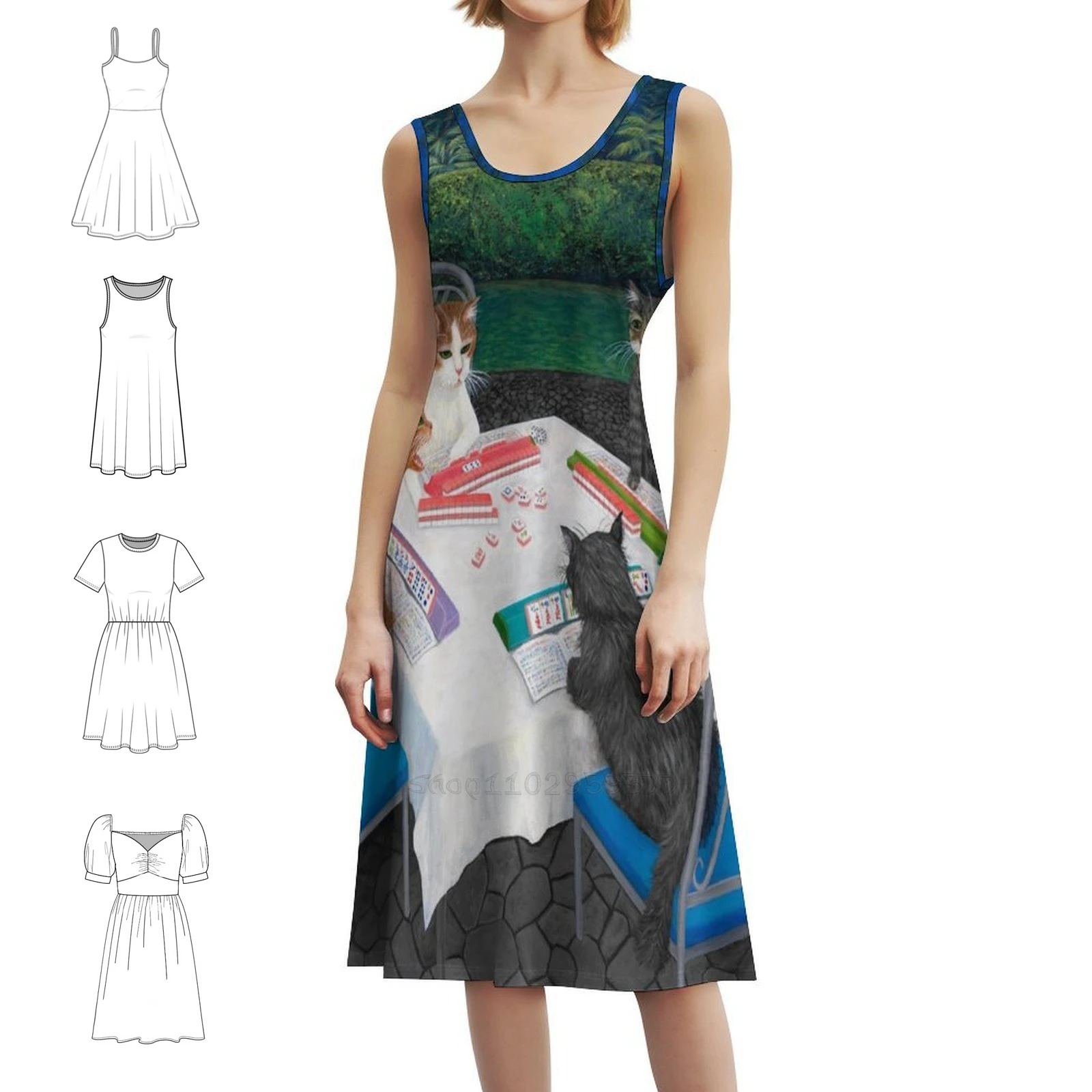

Кошки играют в маджонг в саду, богемное платье без рукавов для женщин, пляжные вечерние платья с принтом, химерное кошачье искусство, русский синий цвет