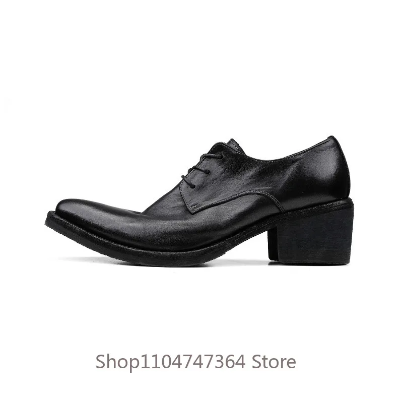Handmade Washed Genuine Leather Lace‑up Pointed Toe High Heel Leather Shoes Men's Retro Black Fashion Party Work Business Male