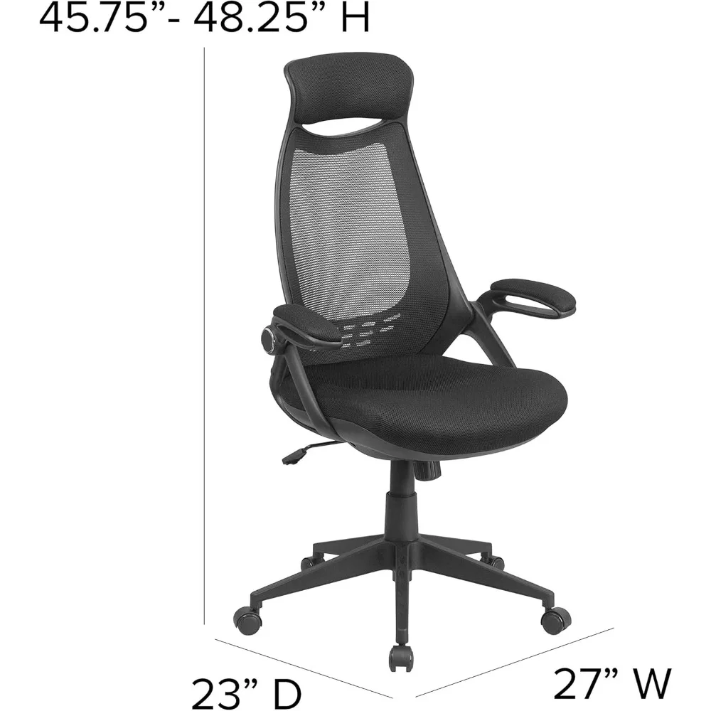 كرسي مكتب دوار تنفيذي شبكي أسود عالي الظهر من EMMA + OLIVER مع أذرع قابلة للطي