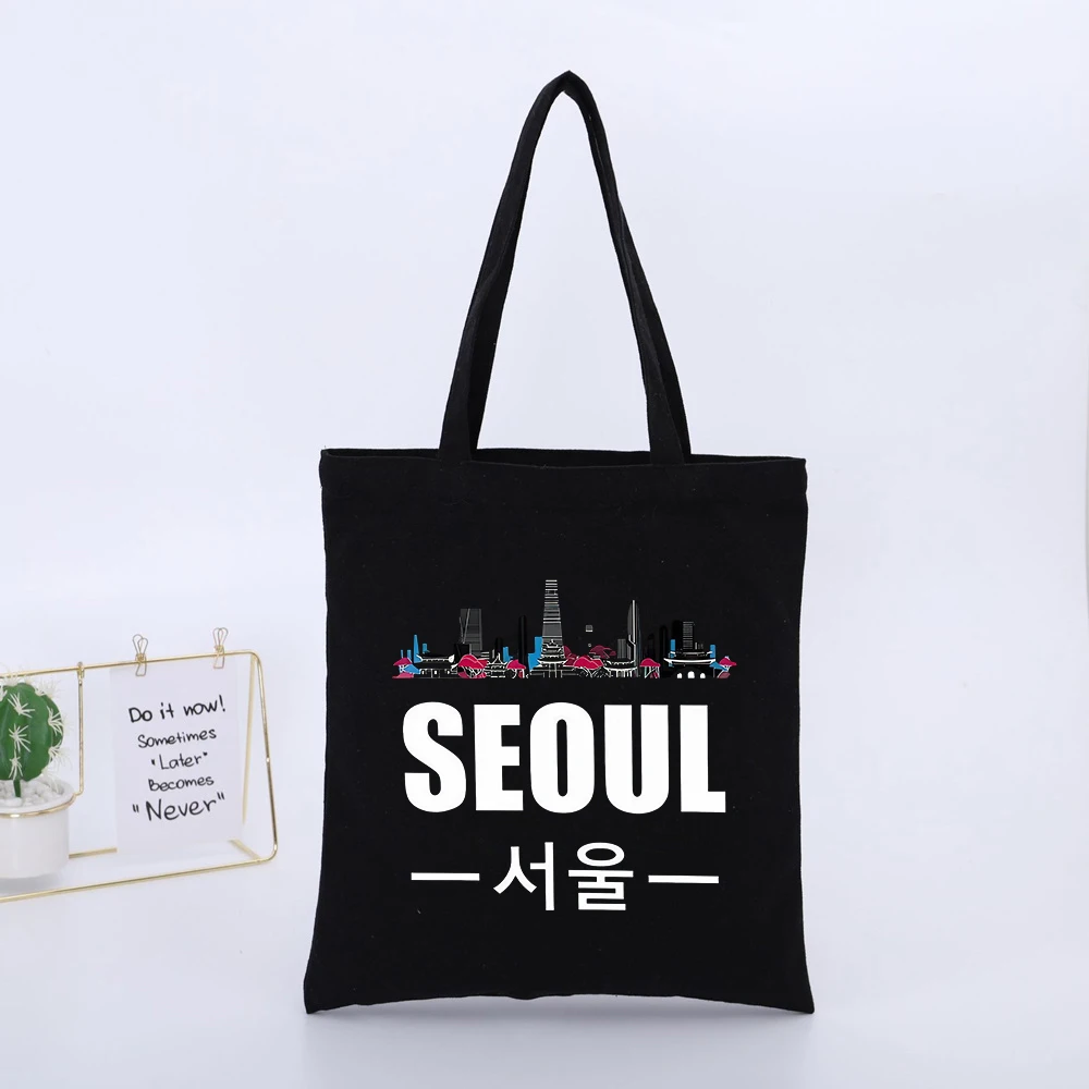 City Skyline Typography Print Canvas Tote Bag, Urban Style for Daily Shopping and Casual Outings