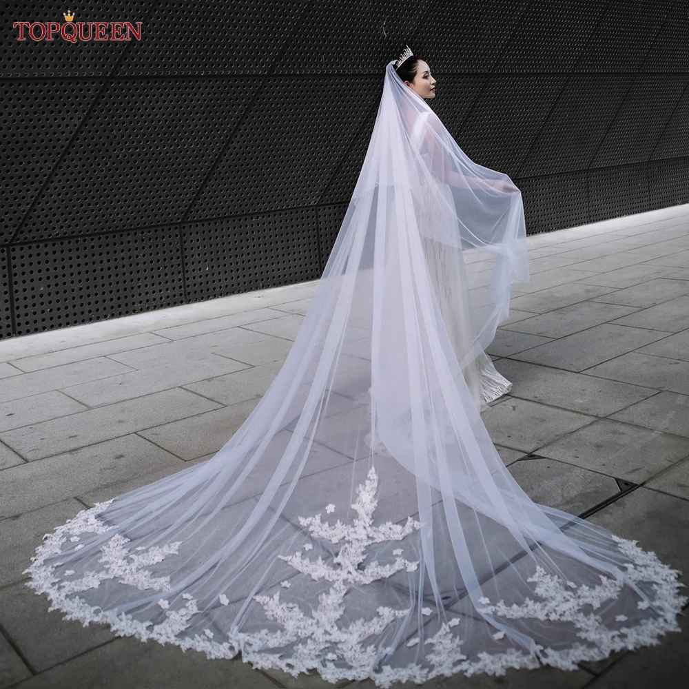 

TOPQUEEN V116a Catherdral Long Veil Wedding Veils with Lace and Beading Bridal Velis of 3 Meters Soft Single Tier Bride Veils