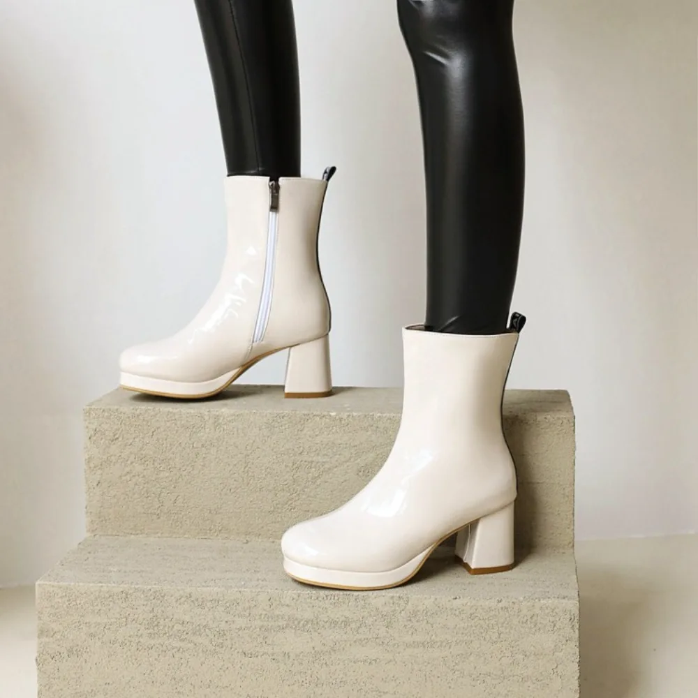 New 7cm High-heeled Cross Dressing Shoes Platform Boots Square Heel Boots Sexy Round Toe Leather Zip Women Mid-calf Boots view 4