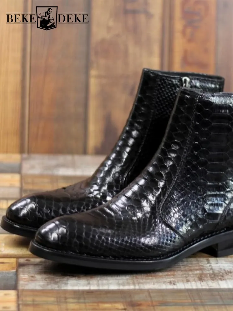 Concise Style Snake Skin Pointed Toe Zipper Handmade Ankle Boots Solid Color Genuine Leather Male Hard-Wearing High Top Footwear