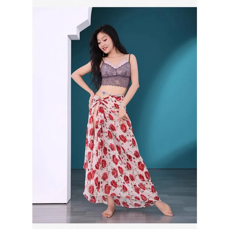 Customized Belly Dance Costumes Hip Scarf Printed Skirt Eastern Dance Performance Costume Sexy Lace Up Top