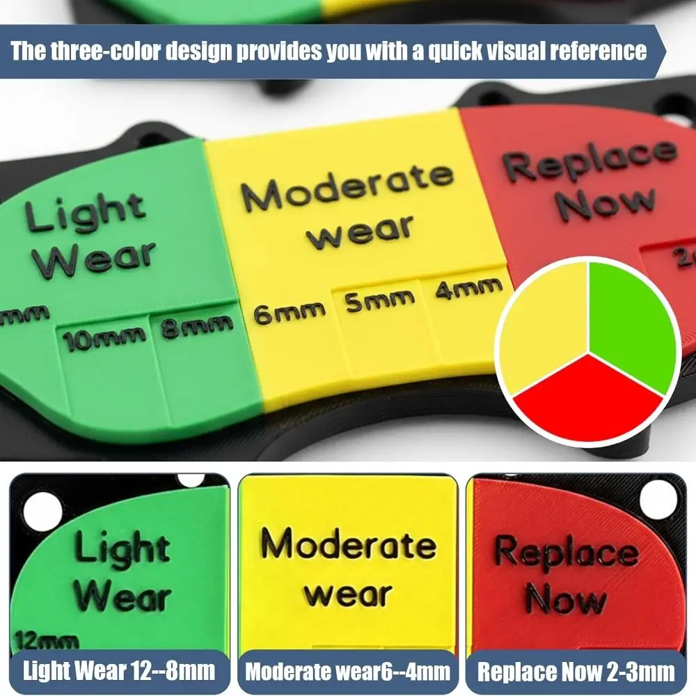 2mm-12mm Range Brake Pad Thickness Gauge Wear Measurement Visual Aid Brake Lining Wear Indicator Color-Coded
