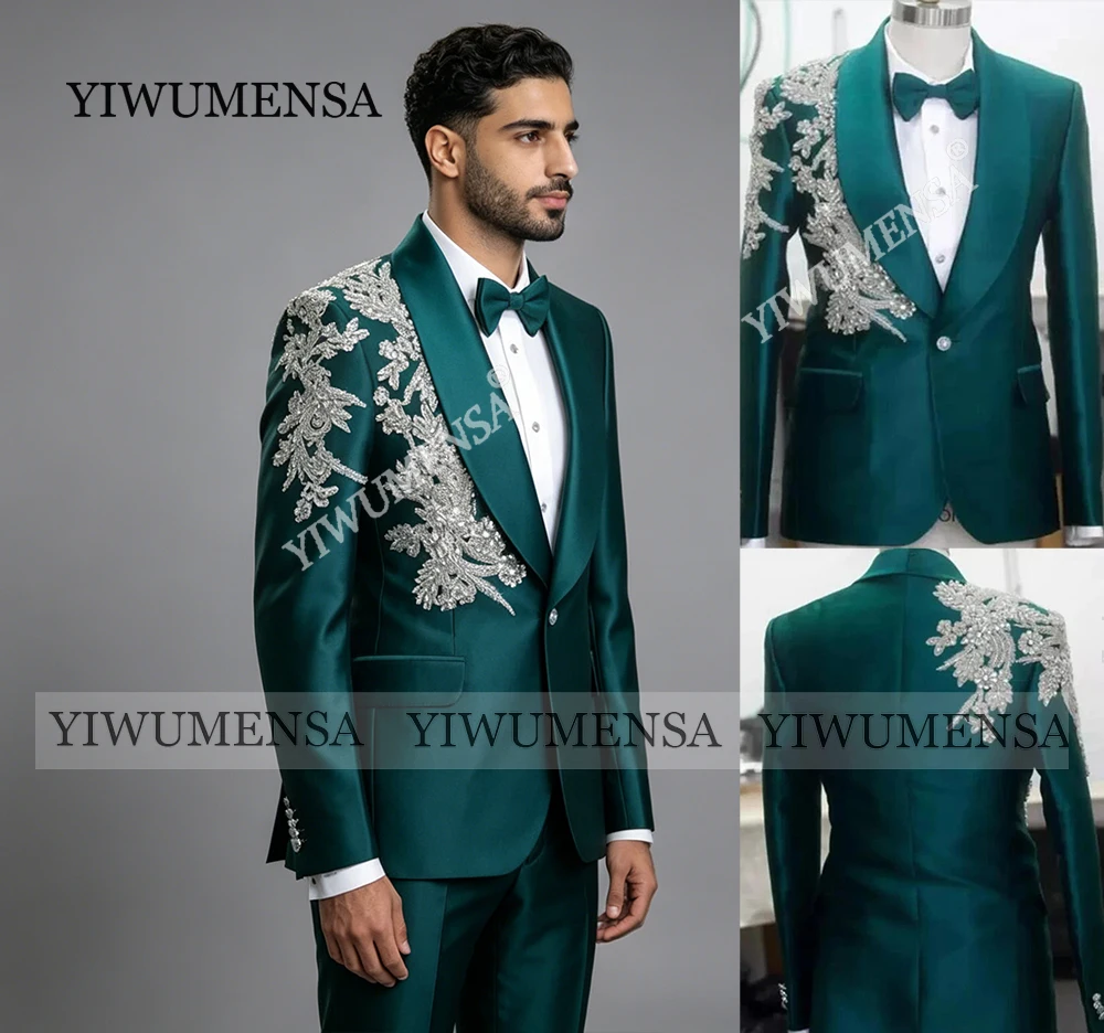 

Luxury Beaded Stone Appliques Suit Men For Wedding Shawl Label Groom Blazers Customized 2 Piece Sets Male Fashion Tuxedo Attire