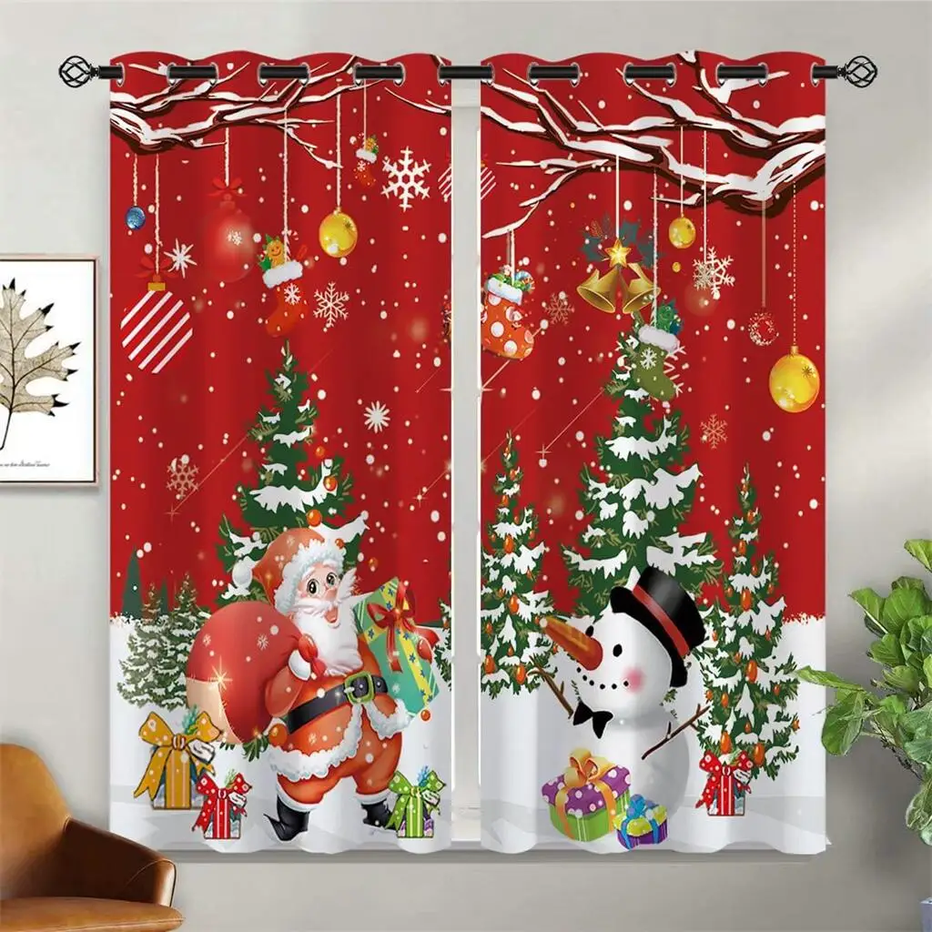 

Christmas Red Curtains Santa Claus Snowman Print Window Drapes 2 Panels Living Room Bedroom Kids Sun Block Decor