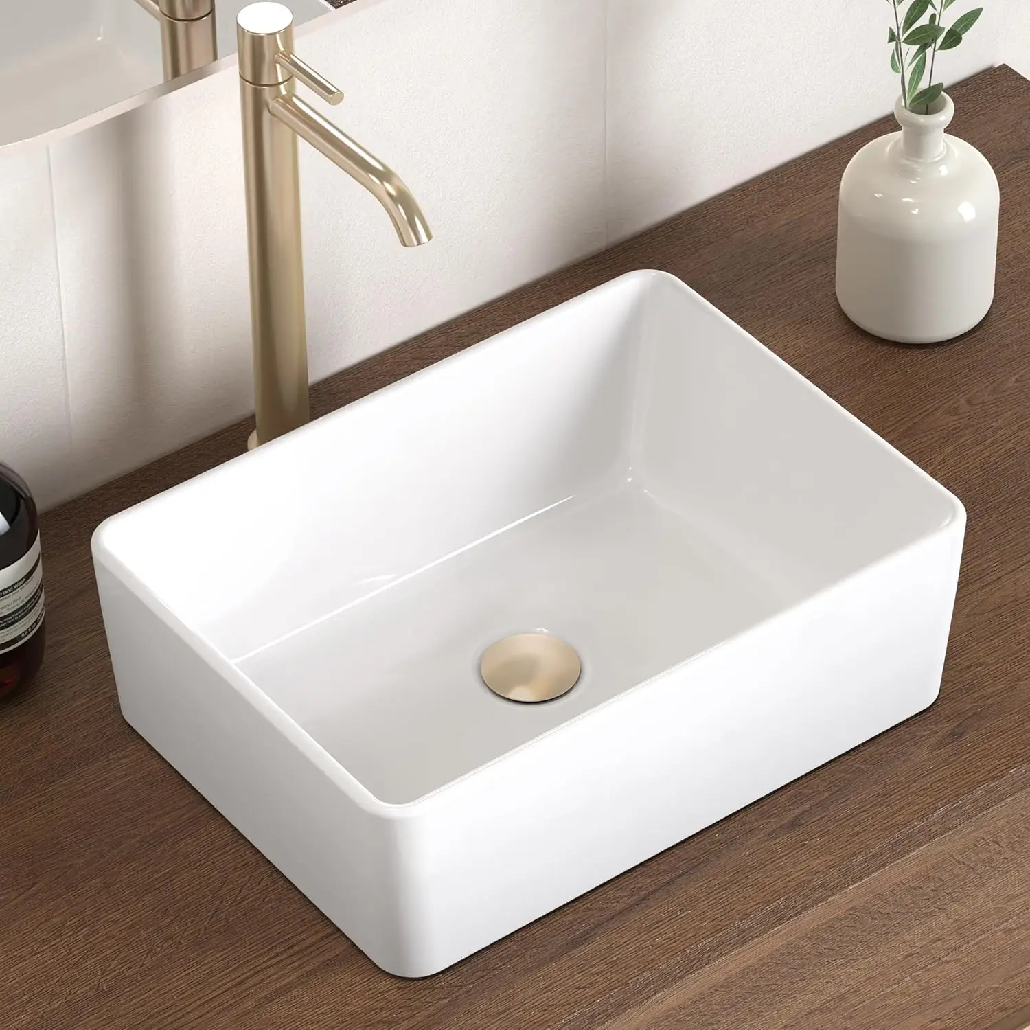 

White Rectangular Vessel Sink 16x12 Inch, Porcelain Ceramic Top Mount Bathroom Vanity Sink