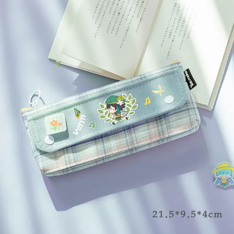  Cosplay Kawayi Venti Wanderer Paimon Nahida Xiao Klee Canvas Campus Student Portable Flip Pencil Case Stationery