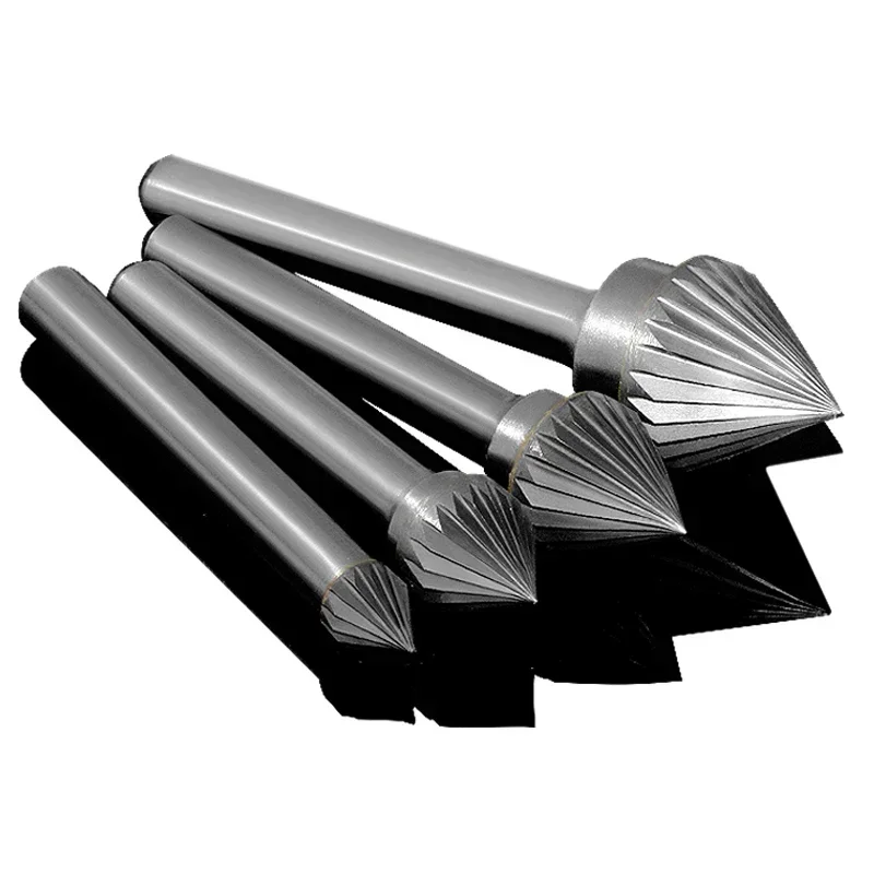 Alloy Rotary File Tungsten Steel Hard Wood Carving Tools J-Type 60 Degrees Conical Milling Cutter Grinding Head 6mm Handle