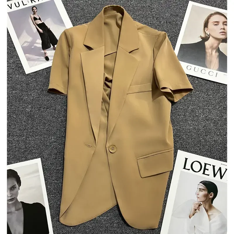 Blazer wanita lengan pendek, Blazer musim panas wanita, jaket lengan pendek, atasan kantor, atasan tipis, mantel model Korea, pakaian desainer mewah kelas atas