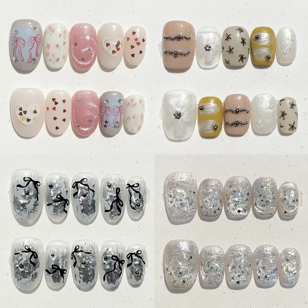 

10Pcs Lovely Handmade Short Square Ellipse Reusable Full Cover Nail Sequins Bowknot Flowers Cat Eyes Stars Press On Nails