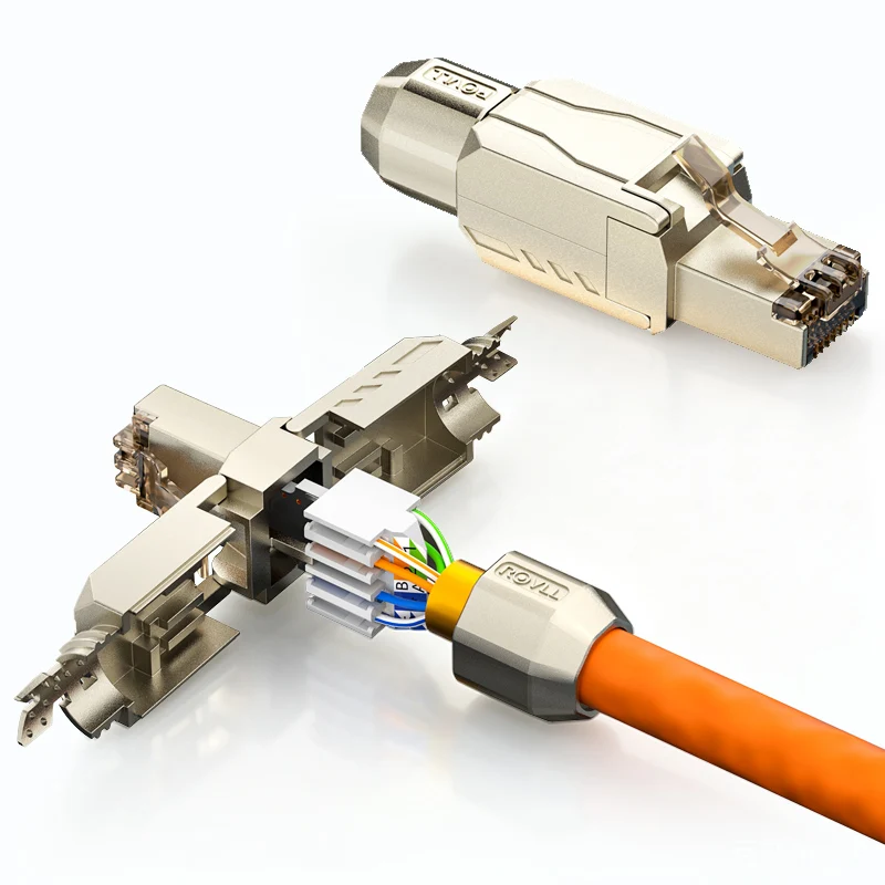 ROVLL Cat8 Cat7 Cat6A RJ45 Connector Toolless Shielded Ethernet Plug 10Gbps Field Termination Modular Plug Zinc Alloy Housing