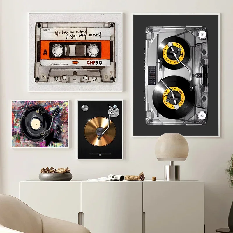 Cassette DJ Turntable Canvas Posters Unique Fashion Print Wall Art Paintings Graffiti Vinyl Turntable Poster for Home Room Decor