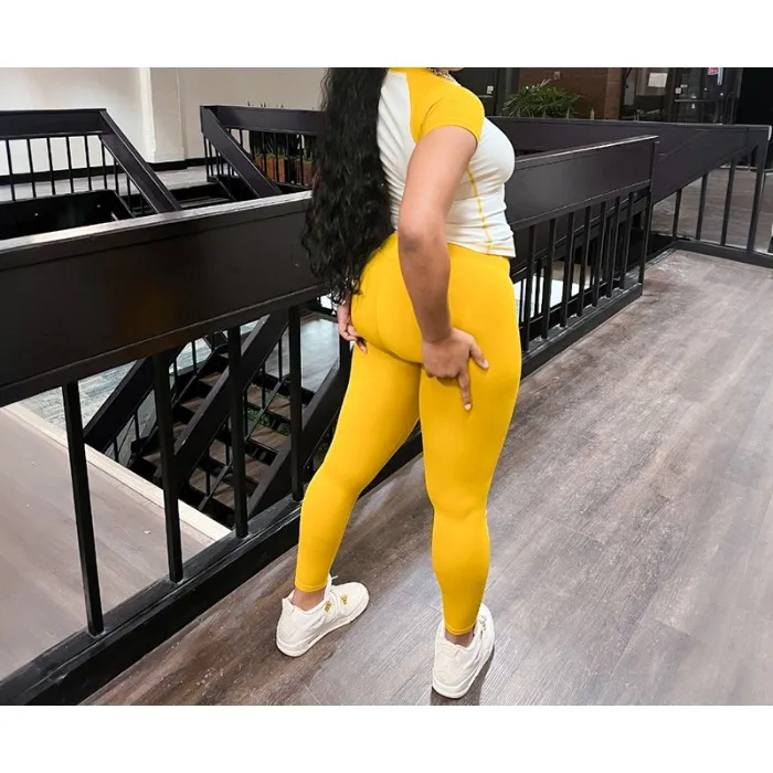 ผู้หญิง 2 ชิ้นชุดกางเกงสี Blocking Slim โยคะกางเกงขายาวเอวสูงฟิตเนสแขนสั้นชุดลําลองฤดูร้อน 2025