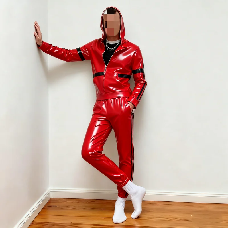 

Латексный резиновый спортивный костюм, униформа, топ и брюки для клубного бала-маскарада