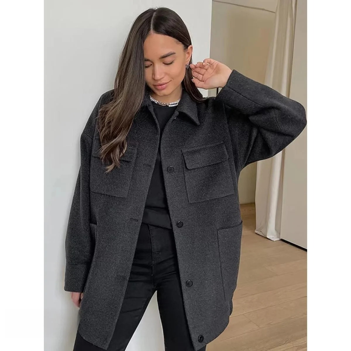 

New Single Breasted Collar Woolen Jaet Simple Design Long Sve Floor Length Pure Color Women's Premium Faion Outer...