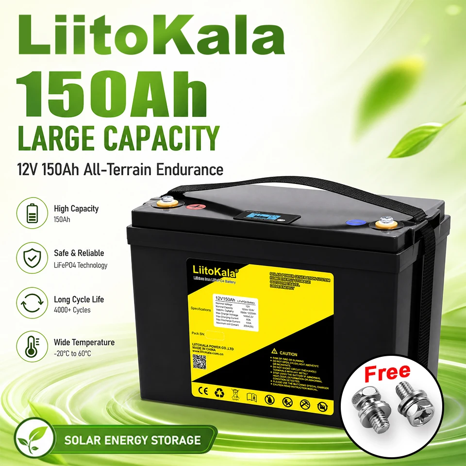 Batteria LiFePO4 LiitoKala 12V 150Ah 200Ah con display LCD, batteria ricaricabile a ciclo profondo in litio ferro fosfato, con BMS integrato, ideale per camper, barche, imbarcazioni, accumulo di
