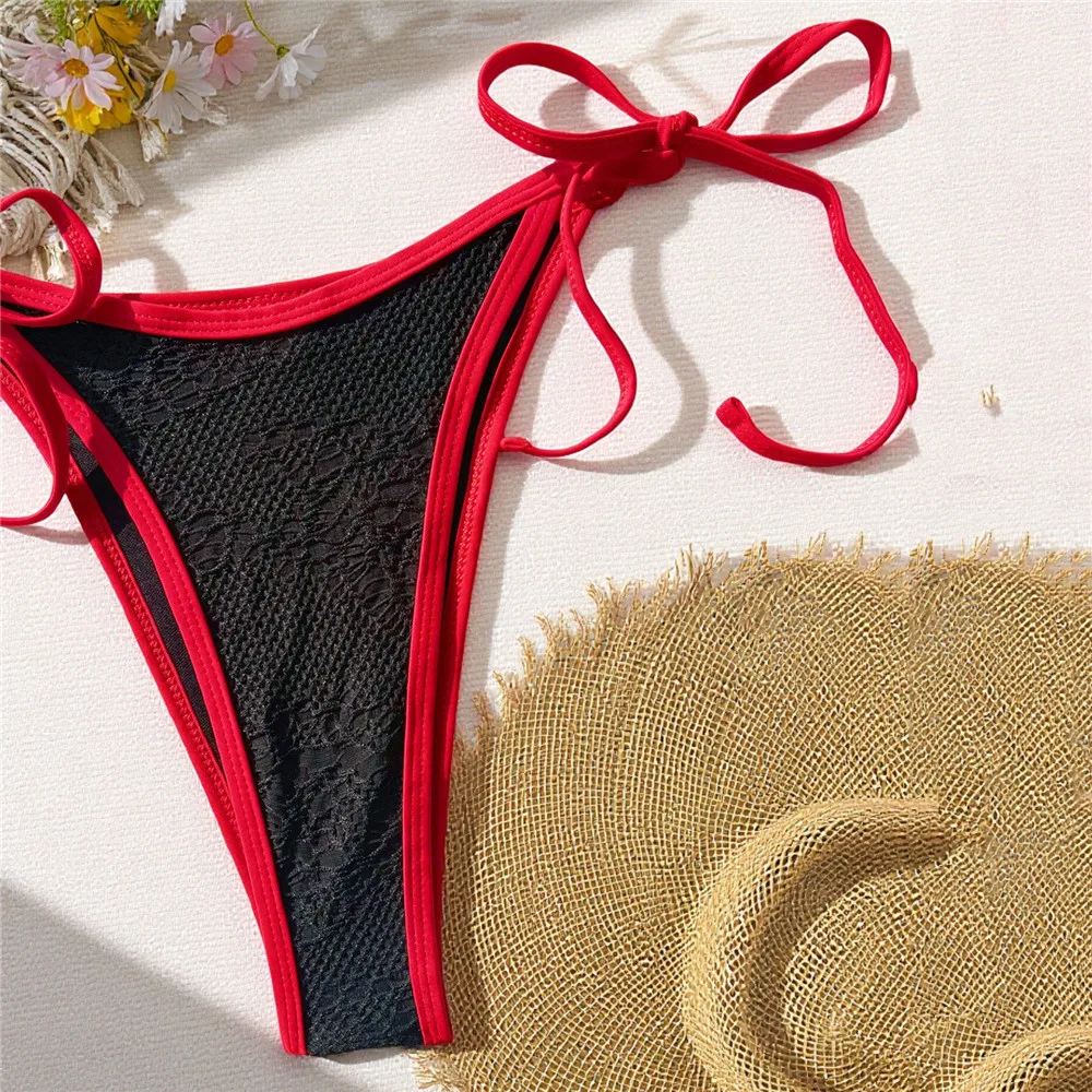 ชุดว่ายน้ำบิกินี่ไมโครที-แบ็คสีดำเซ็กซี่ ผ้าลูกไม้ผูกเชือก ชุดว่ายน้ำผู้หญิงแบบผูกคอ ปี 2026 ชุดว่ายน้ำผู้หญิง ชุดบิกินี่ผู้หญิง