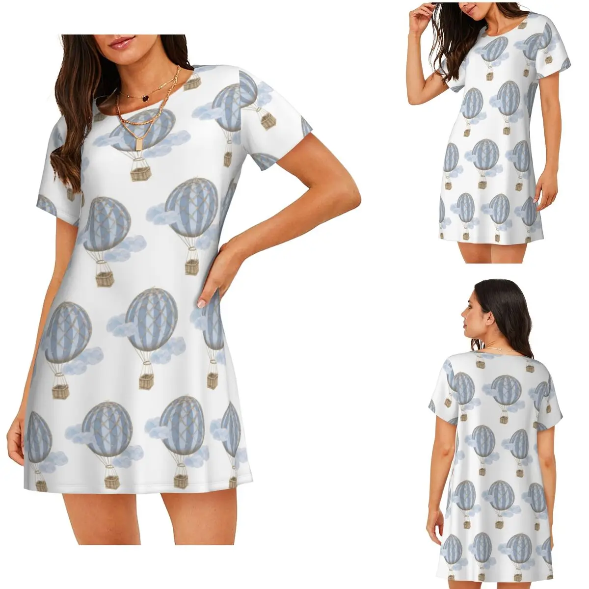 Blue Vintage Hot Air Balloon Short Sleeves Nightdress For Sleeping Sleepshirts Women Short Sleeve Nightgowns Loose Pajama Dress
