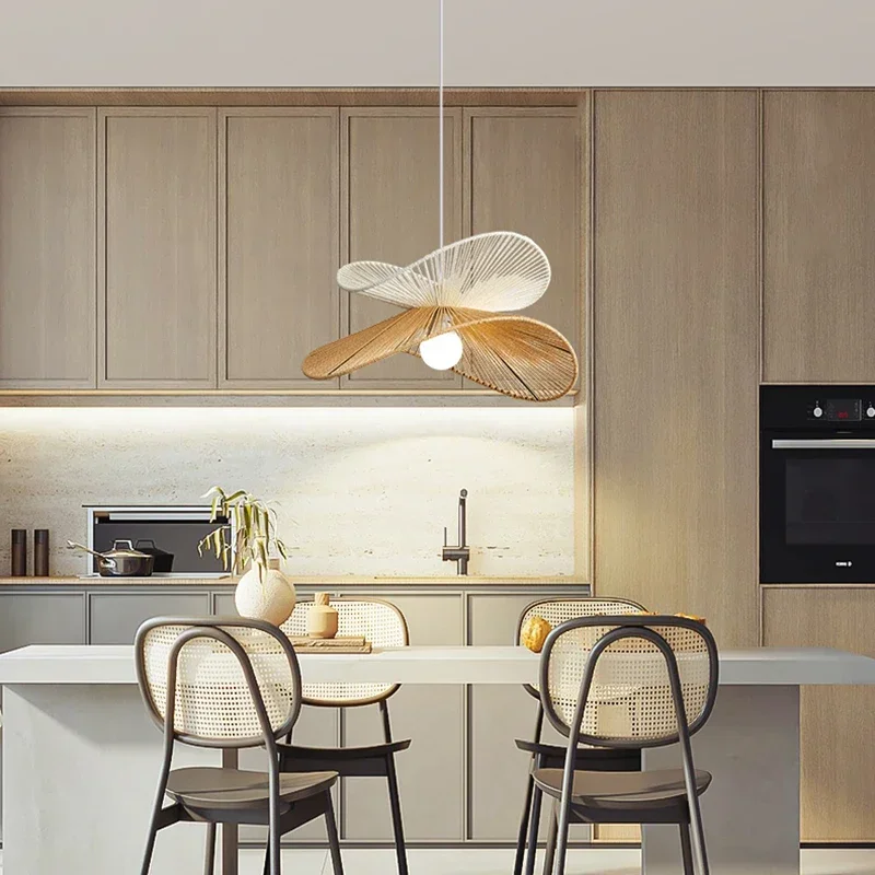 Hand-woven Braided Rope Pendant Light for Restaurant Living Room LED Hat Hanging Lamps Japanese Wood Chandelier Dining Table