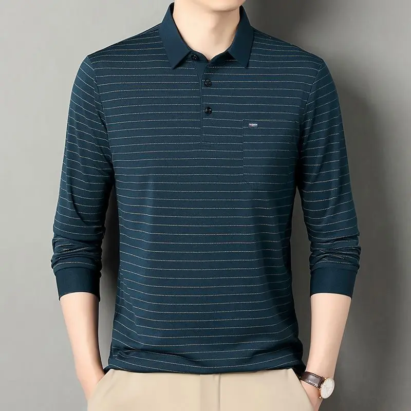 Men's Cotton Striped Polo Long Sleeve Loose Collared Top with Real Pockets