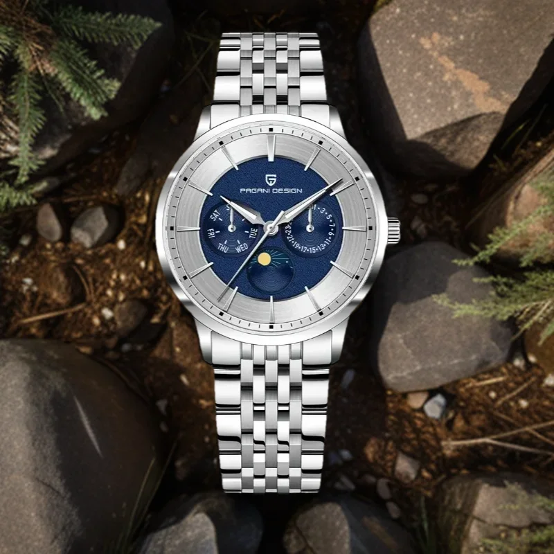 2025 Pagani Design ساعة كوارتز رجالية جديدة Moonphase للأعمال 100 متر مقاومة للماء من زجاج الياقوت ساعة كوارتز متعددة الوظائف للرجال