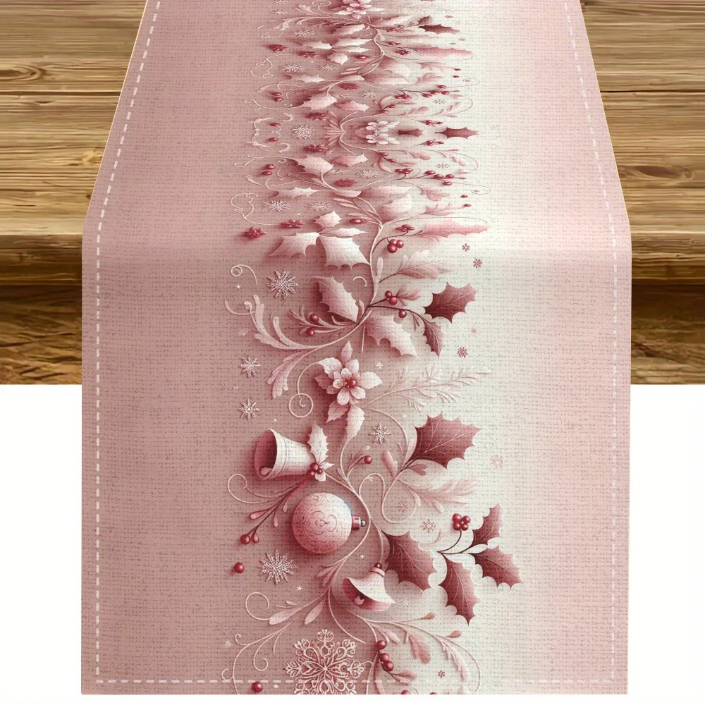 1 Piece of Pink Christmas-Themed Table Runner, Light Pink with Delicate Floral and Berry Patterns, Suitable for Christmas Dinner Parties, Girls' Tea Parties, Girly Home Decor, Holiday Markets, Cozy Cafes, Homestay Decorations, Parent-Child Dining, and Craft Studios