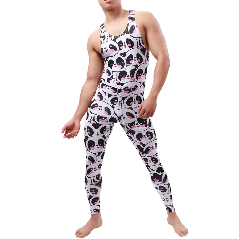Mens Jumpsuit Printing Long Pant Leotard Adult Onesie Sleeveless Rompers Underwear Men Sleepwear Bodysuit Home One Piece Pajamas