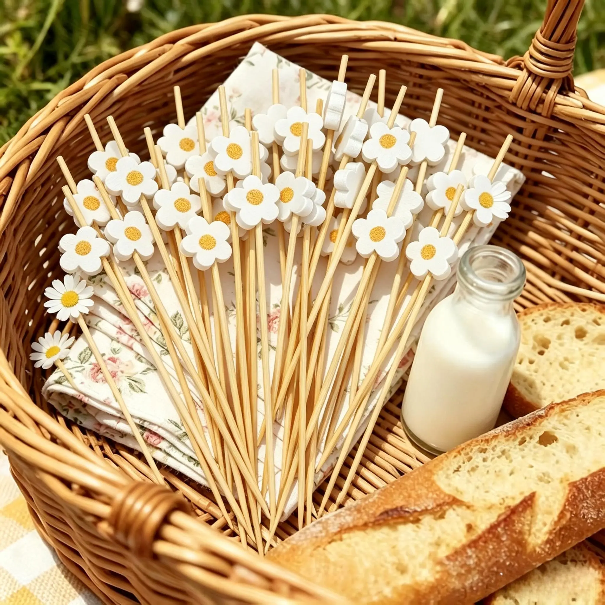 50/100pcs Cocktail Toppers with White Daisy, Fruit Dessert Snack Decor for Party Home Use