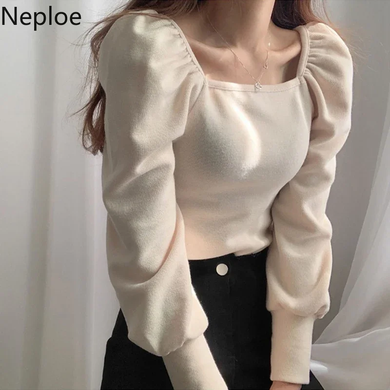 Neploe Chic Square Collar Hollow Out Clavicle T Shirt Slim Fit Pleated Puff Sleeve Solid Blusas Autumn Spring 2024 New Knit Top