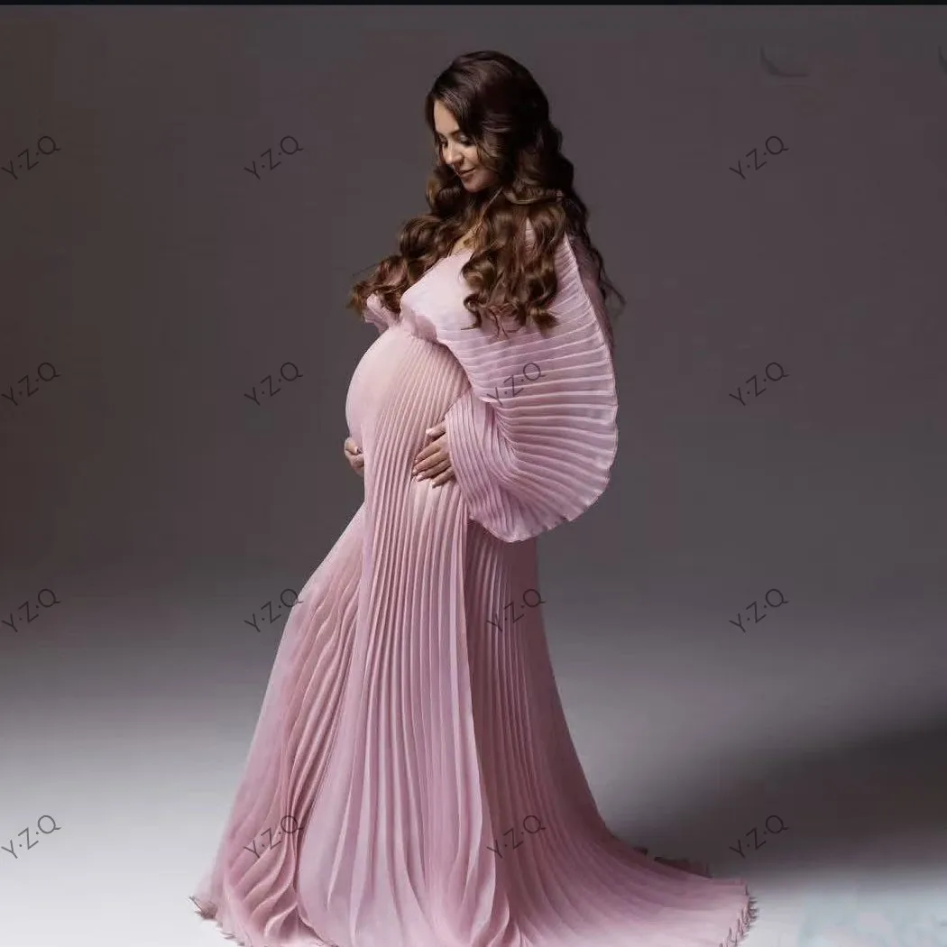 Photoshoot Maternity Dresses Puffy Sleeves Off Shoulder Pleated Long Maternity Photography Dress Pregnant Women Gowns Sheer Pink