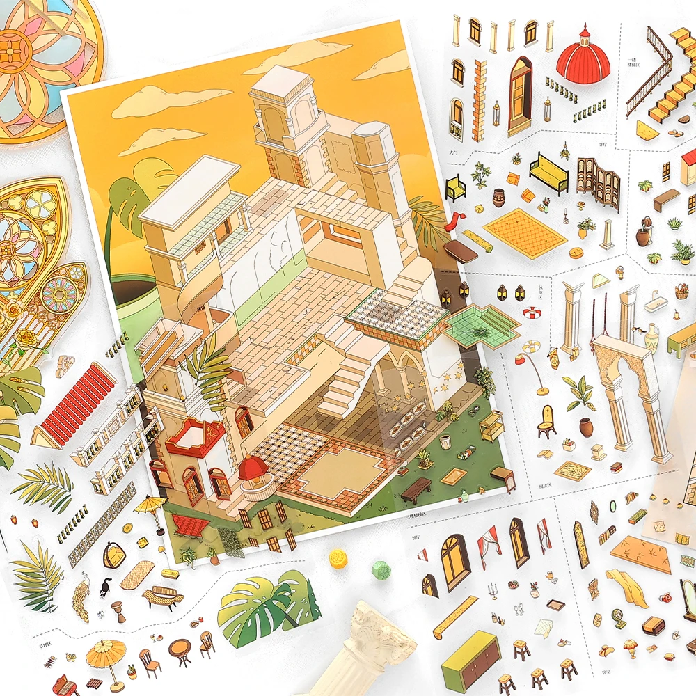 4 أوراق/حقيبة My House 17th سلسلة مستديرة ملصقات المناظر الطبيعية للديكور الضغط ملصق المناظر الطبيعية الكولاج الديكور #4