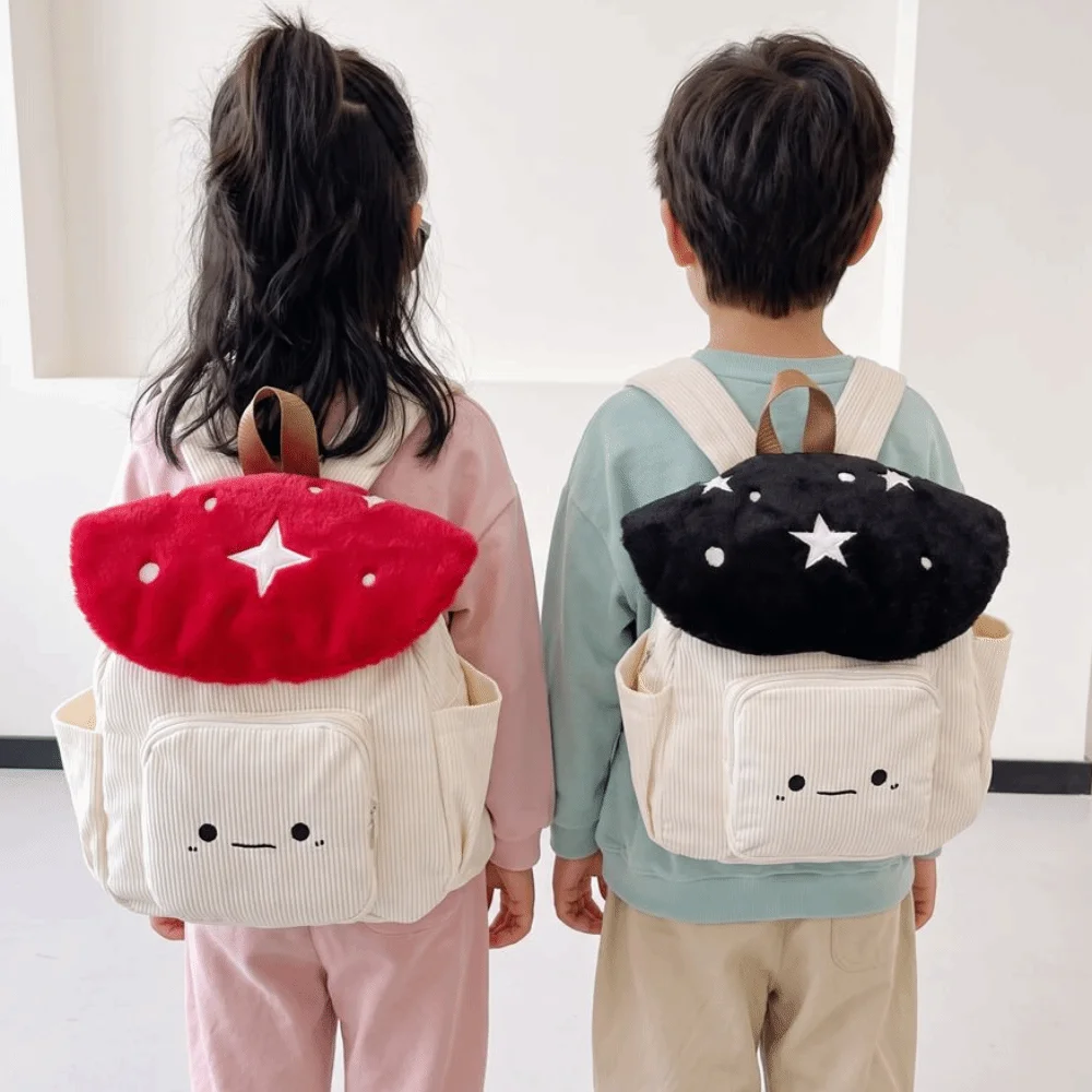 Polka Dot Embroidered Mushroom Backpack Star Cute Corduroy Shoulder Bag Plush Handbag Cartoon Children's Schoolbag Outdoor