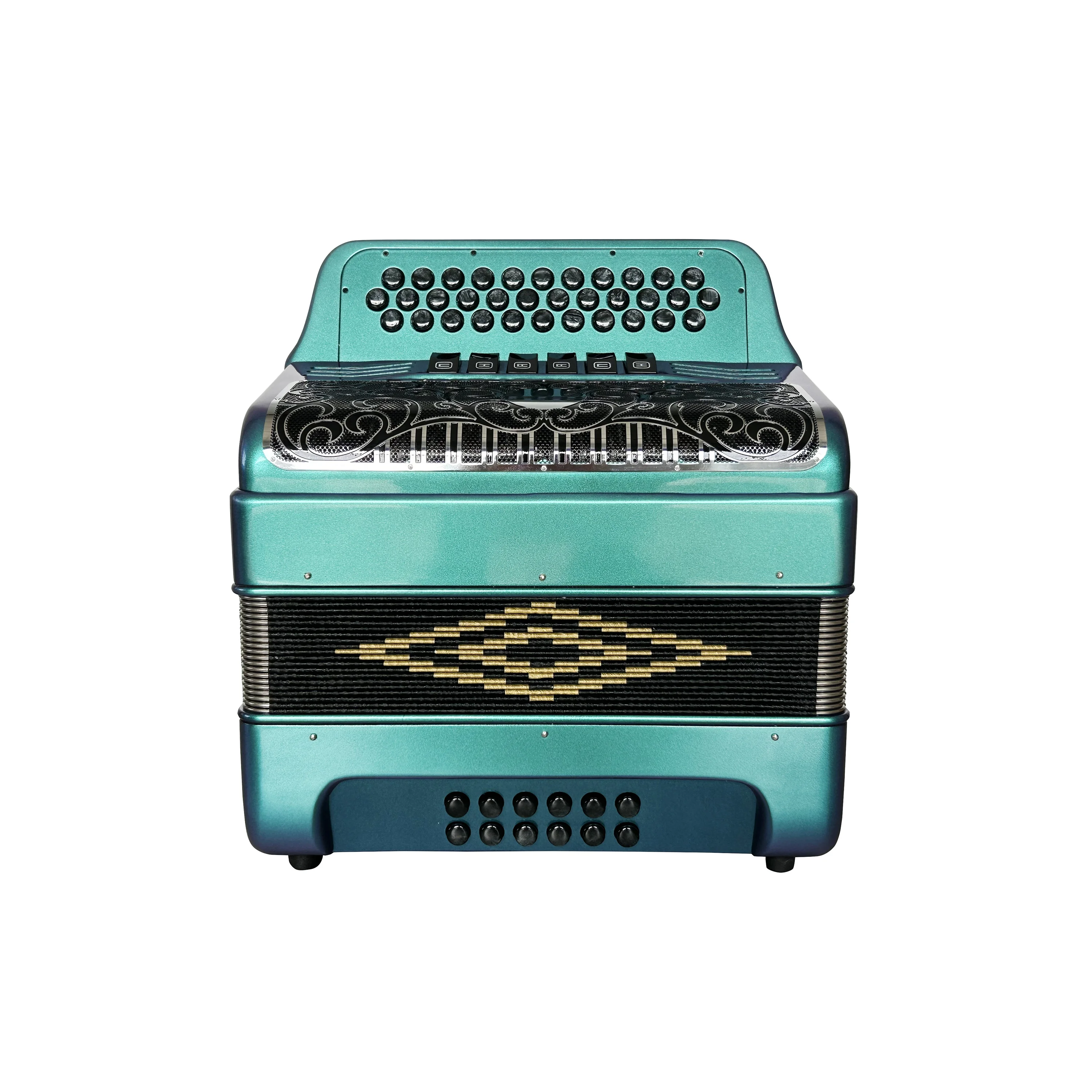 Diatonic Accordion 34 Buttons 12 Bass 6 Registers Green Chameleon Black Silver Grill Black Buttons JB3412E Musical