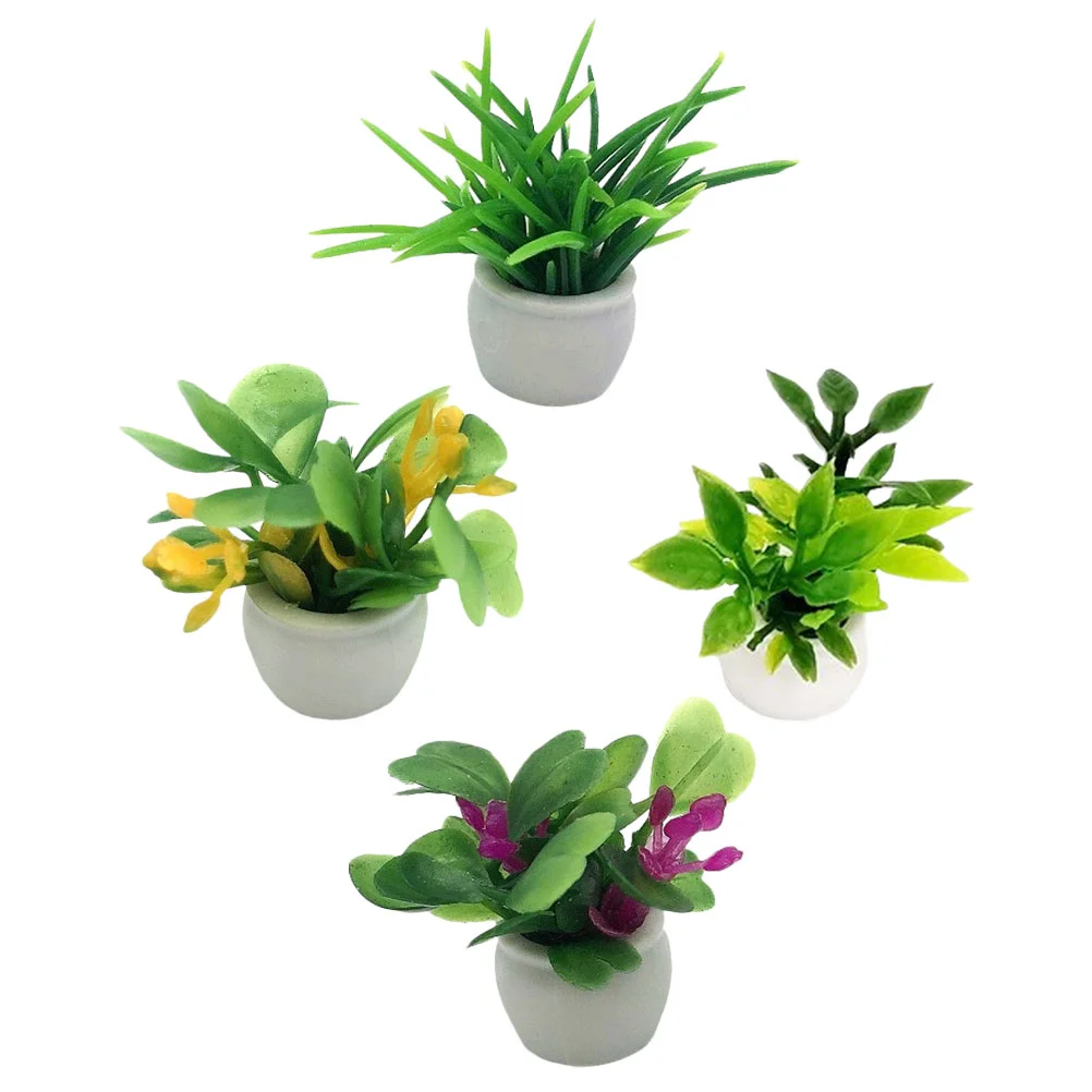 4 Pcs Miniature Plant Model Green Artificial Plants House Potted Decor Tiny Landscape Mini Garden Bonsai Realistic Interior