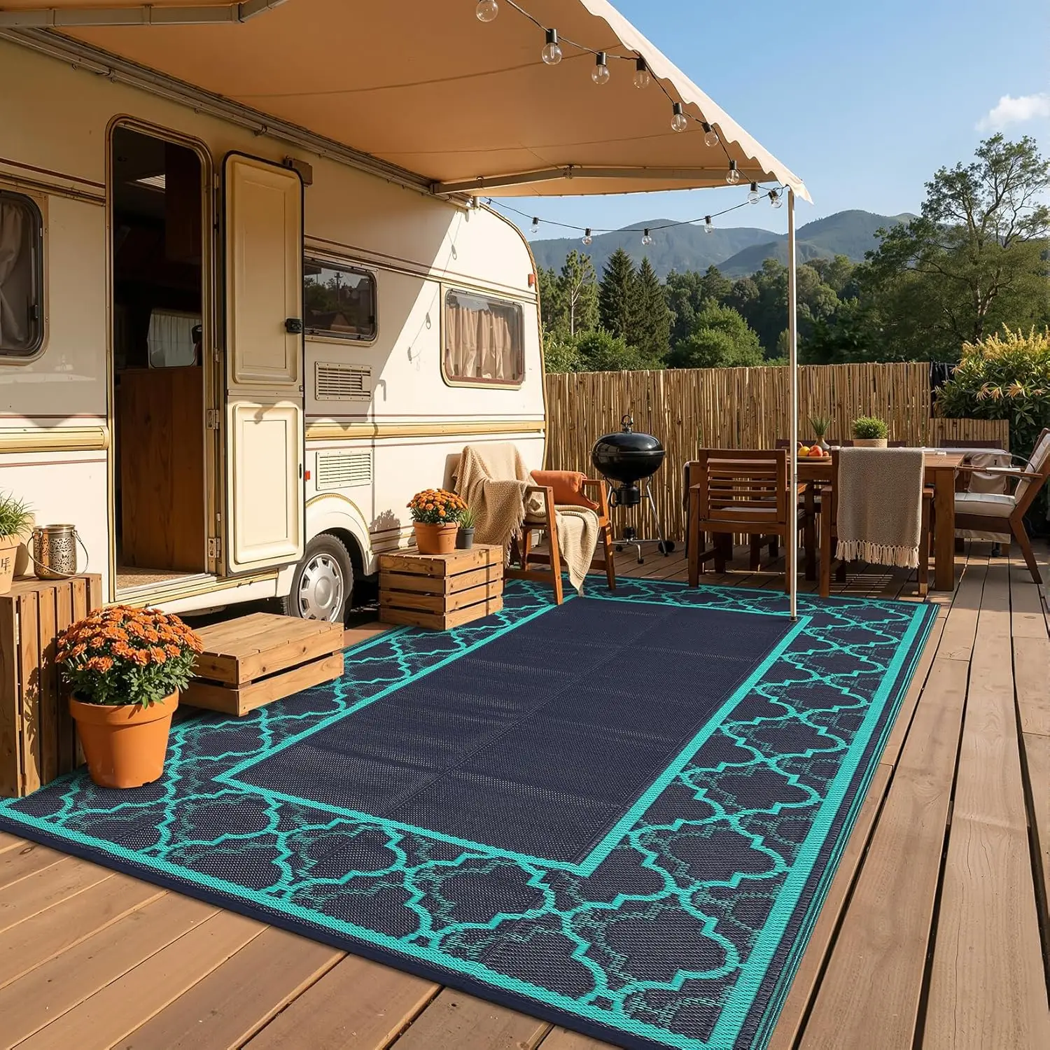 

Reversible Outdoor Rug 5x8, Waterproof Plastic Straw Mat for Patio, Camping, Picnic, Navy