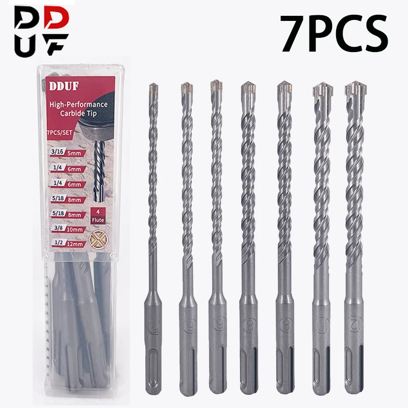 

DDUF 7pcs Carbide Tipped SDS Plus Drill Bit Kit 5-12mm Set 110mm Length Tungsten Carbide Tip for Masonry Concrete Brick Drilling