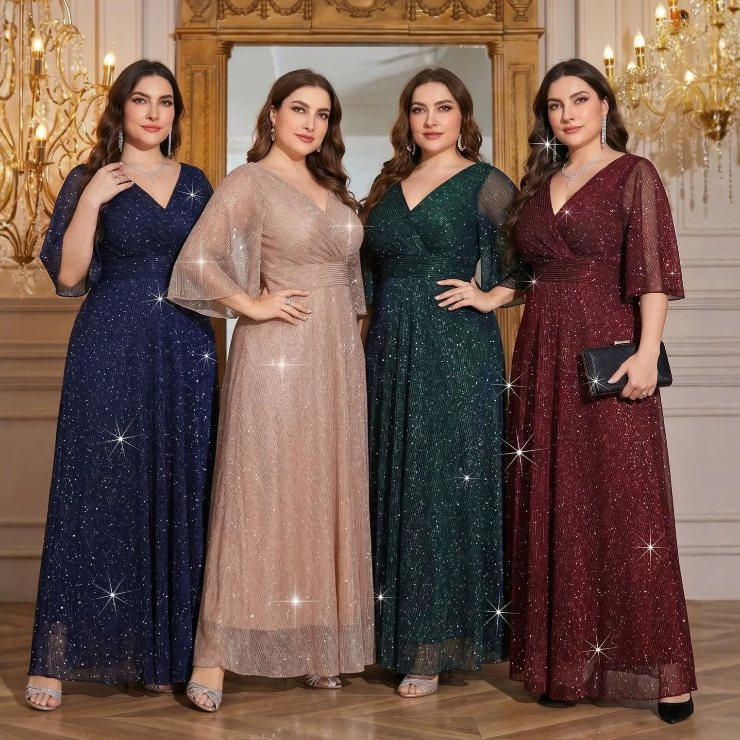 

Plus Size 4 Colors V Neck Wrap Waist Sheer Flutter Sleeve Star Glitter Tulle Maxi Dress Empire Waist Flowy A Line Evening