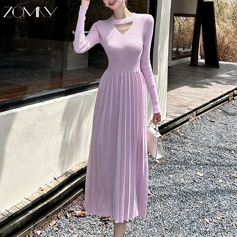 ZOMRY Korean Retro Y2K Slim Knitted Long Dress Autumn New Fashion Women\'s Elegant Versatile Solid Color Casual Pleated Vestidos