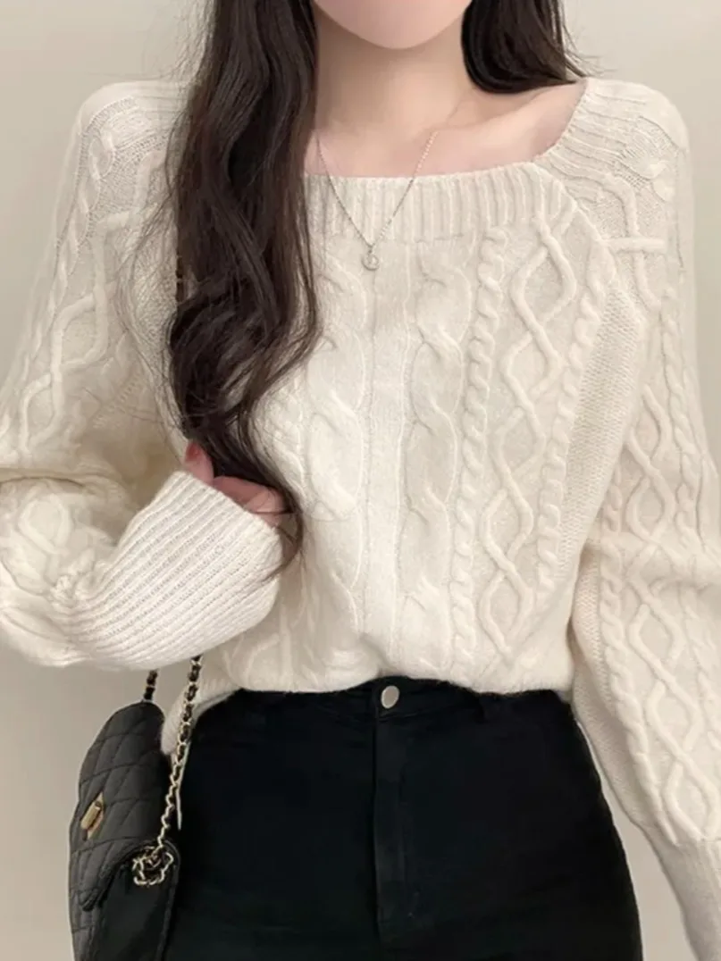 

Chic Autumn Winter Thiened Knitted Sweater Women Loose Outerwear Waist Cinched Slimming Base Layer Square Collar Sweater