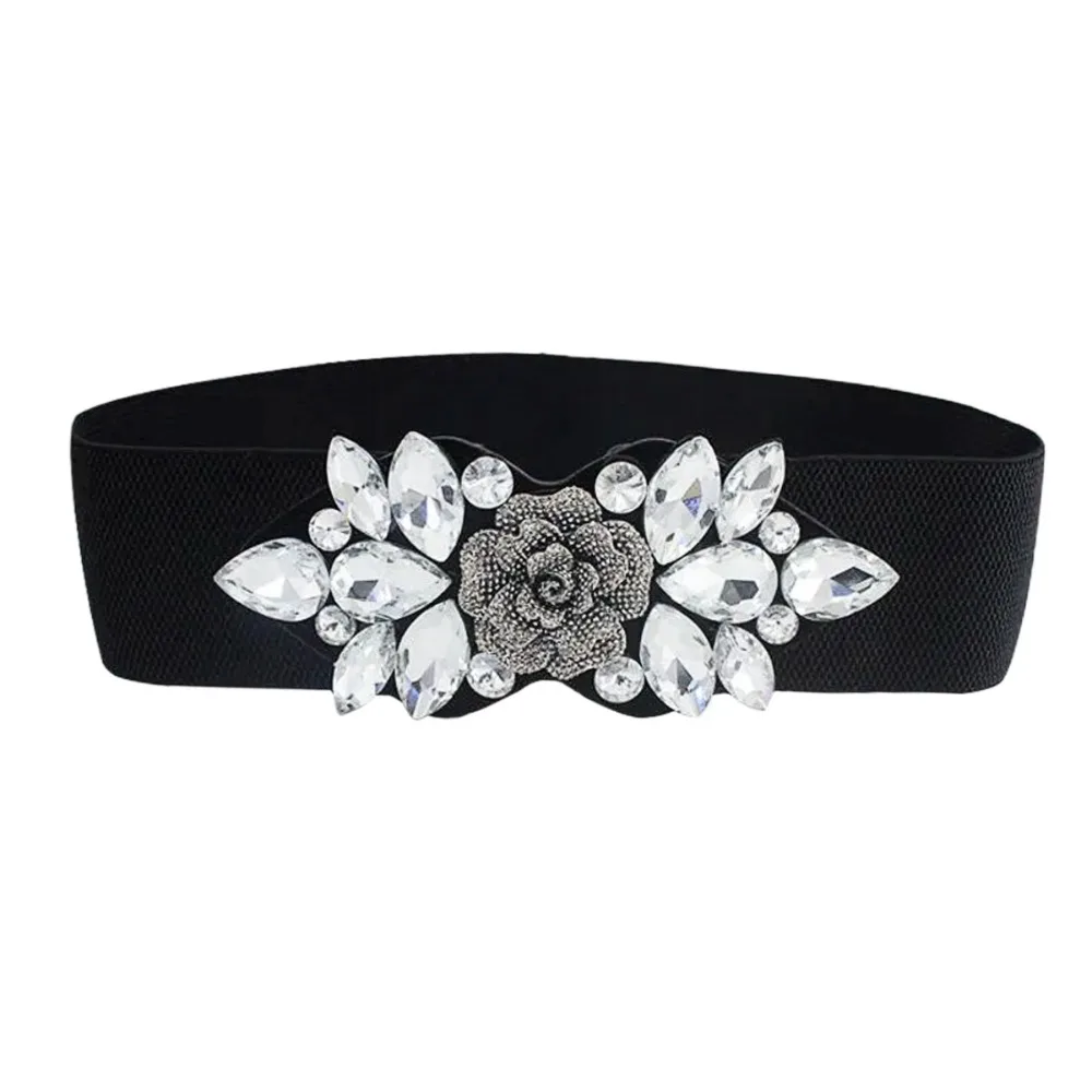 Casual Rose Flower elastische buikbanden brede Koreaanse stijl dames tailleband zwarte riem riem strass taille riem overjas