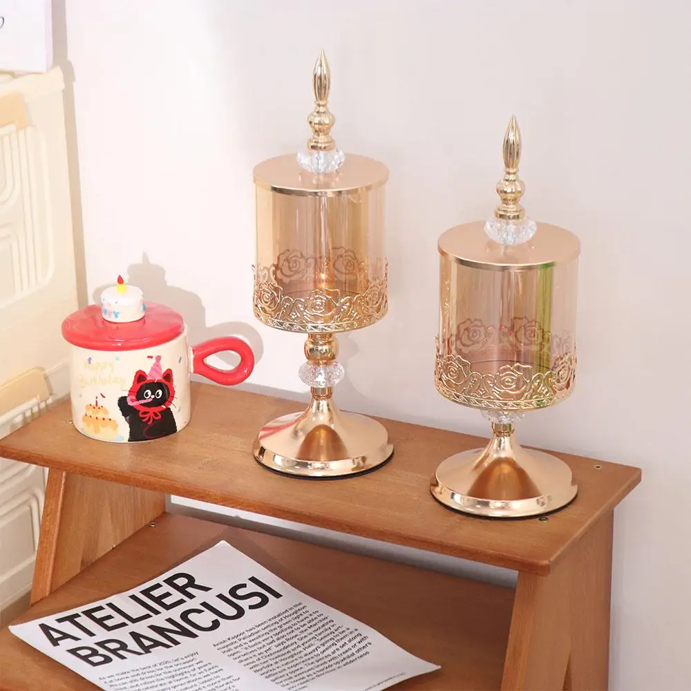 Light Luxury Gold-Plated European Style Candy Jar Vintage Decorative High Footed Candy Can with Lid Candy Jar Coffee Table