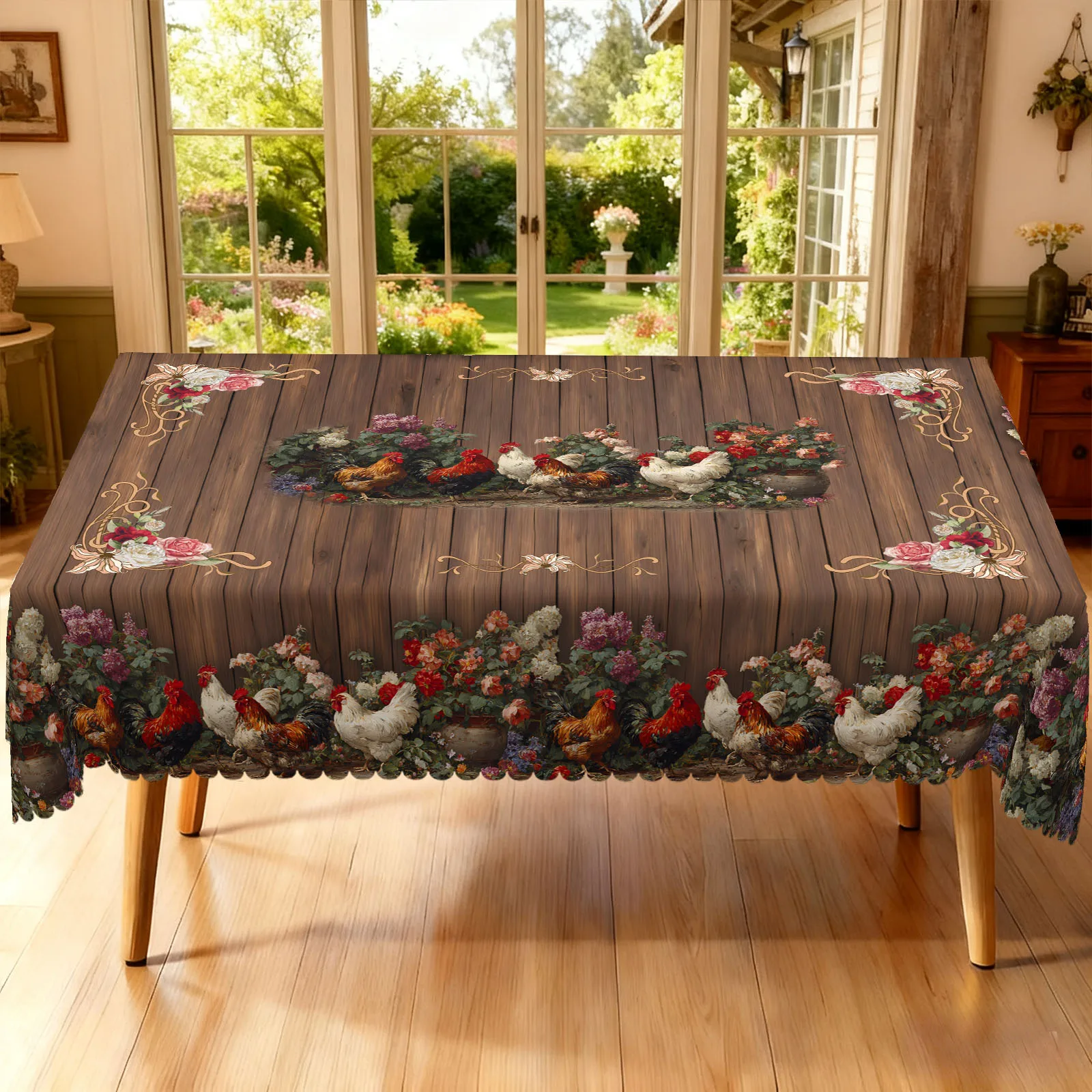 1 Piece of Vintage Farm-Style Printed Round and Rectangular Tablecloth, Available in Various Sizes, with a Deep Brown Wood Grain Pattern Interwoven with a Playful Chicken Flock Design, Paired with a Printed Tablecloth Featuring Blooming Flowers, with Embossed Edges, Suitable for Home Kitchens, Outdoor Picnics, and as a Decorative Item for Farm-Themed Activities, and for Home Decor in All Seasons