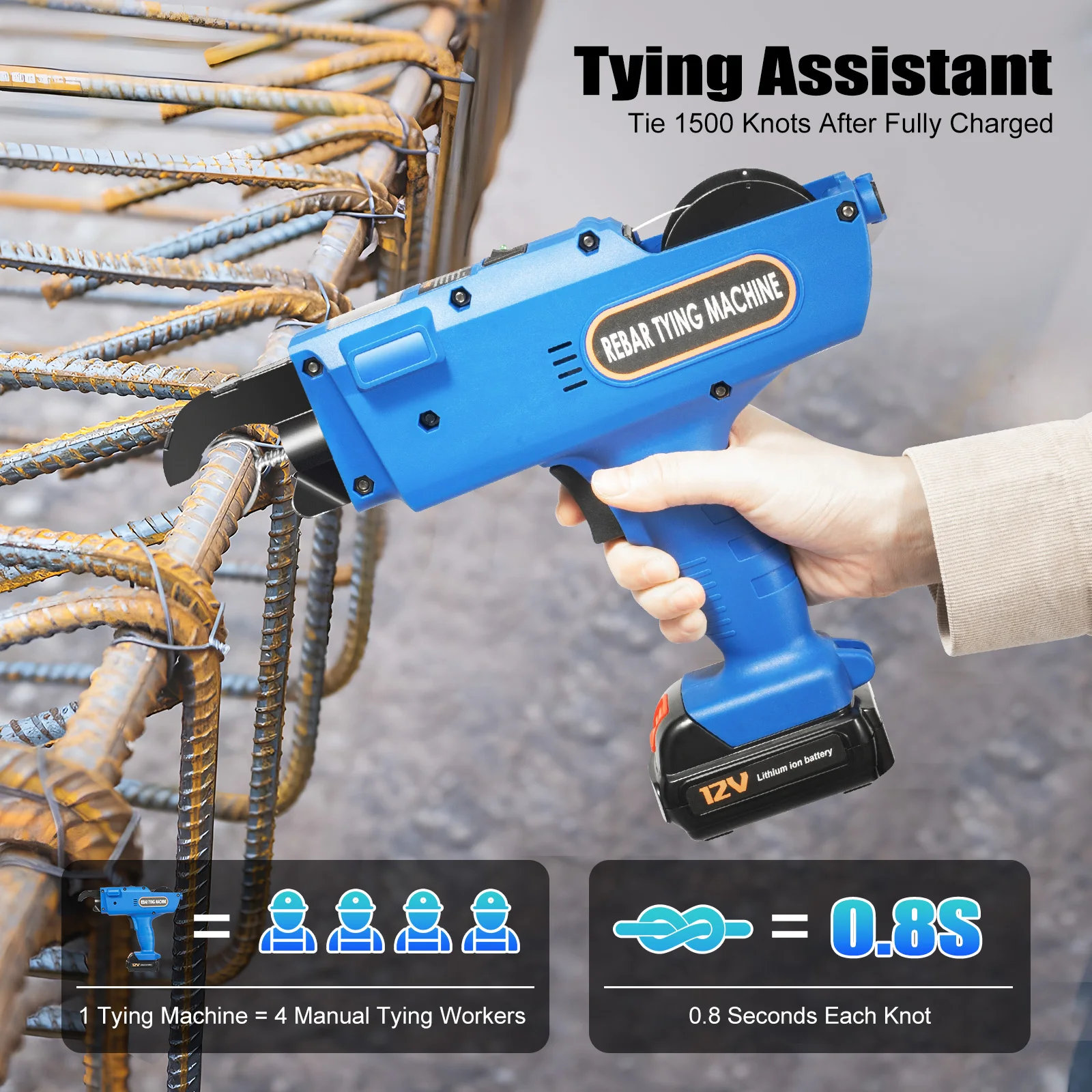 

8mm-34mm Automatic Rebar Tier Binding Machine 12V 4500mAh Electric Handheld Rebar Tying Machine Wire Pliers Tool Kit w/Batteries