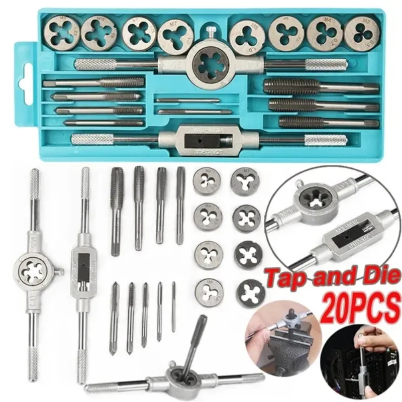 Chave métrica Torneira e Die Set, M3, M4, M5, M6, M7, M8,M9,M10,M12, liga de porca, ferramentas manuais de metal, caixa de armazenamento, 12 pcs, PCes 20