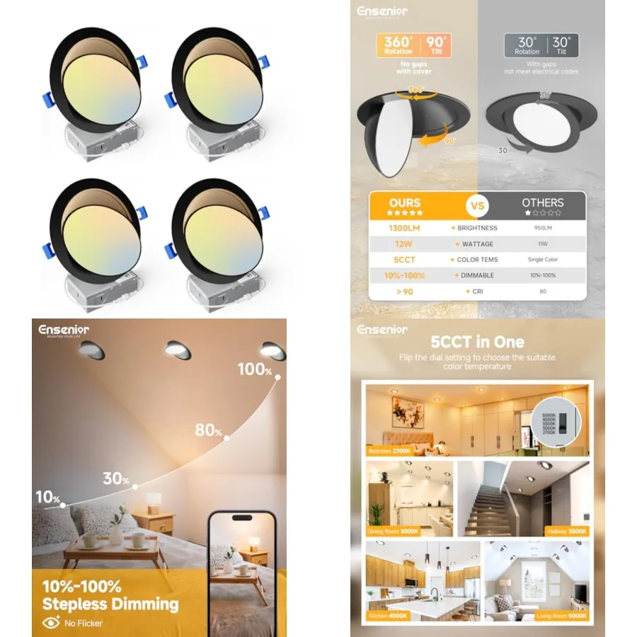inch LED Eyeball Recessed Lighting, 360°+90° Rotatable and 2700K-5000K Selectable, CRI90+, Dimmable Gimbal Recessed Lights, 130