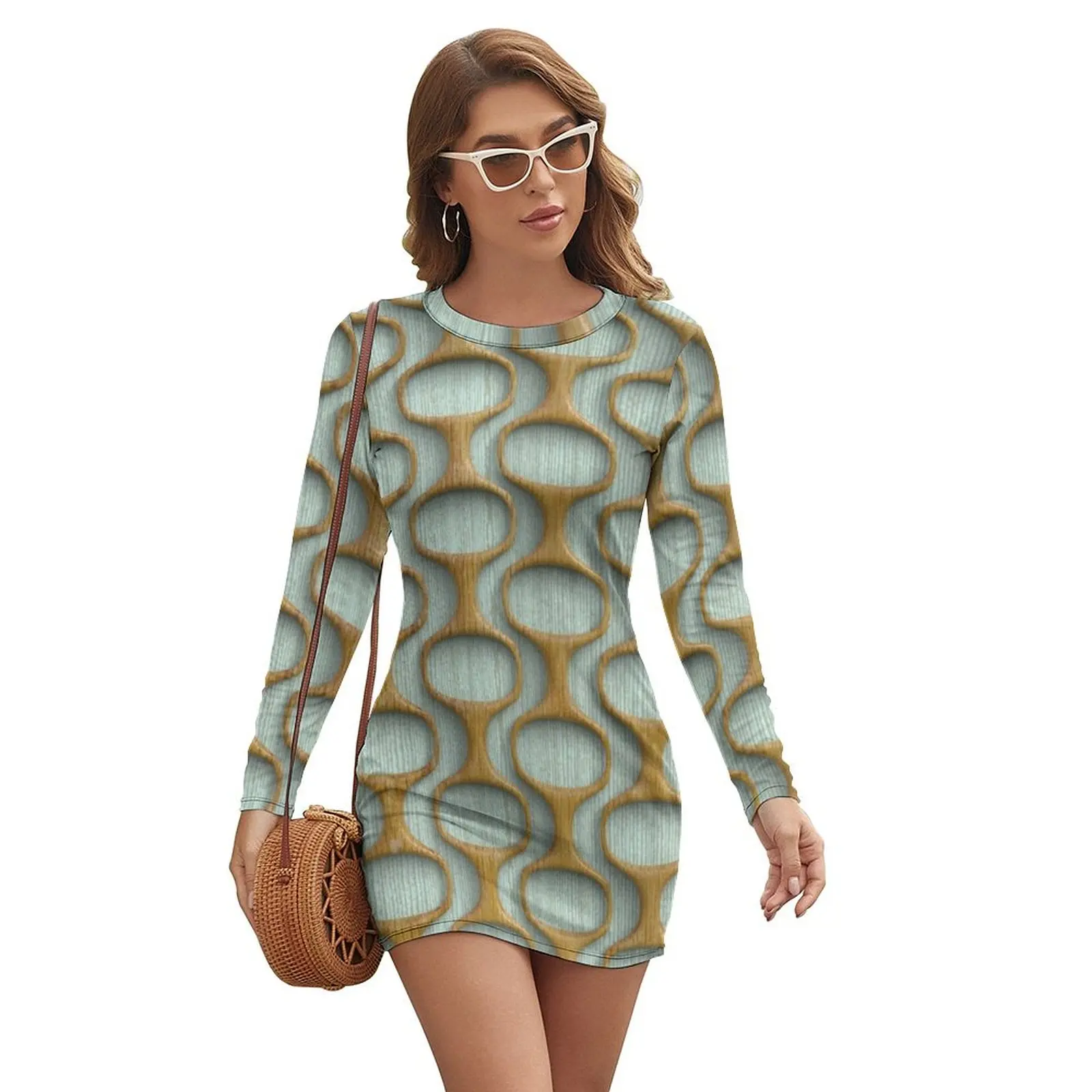 

60s Mod Woodwork Long-sleeved Dress Women's summer dresses womens clothing